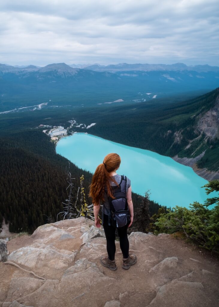 a person standing on a rock overlooking a valley and a body of water